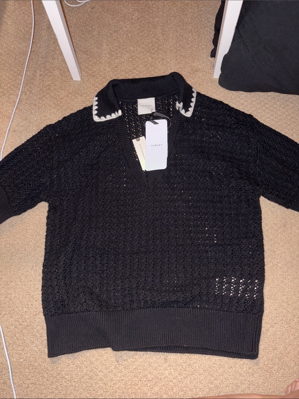 Varley Black Open-Knit Polo Sweater with White-Trim Collar